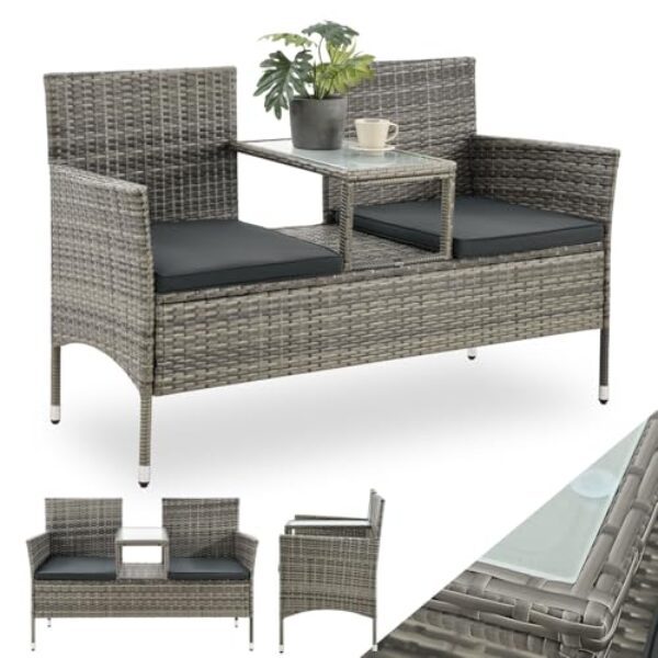 Juskys Polyrattan Gartenbank Monaco – 2-Sitzer Bank mit Tisch & Kissen – 133x63x84 cm – Rattan Sitzbank wetterfest Garten Balkon – grau-meliert