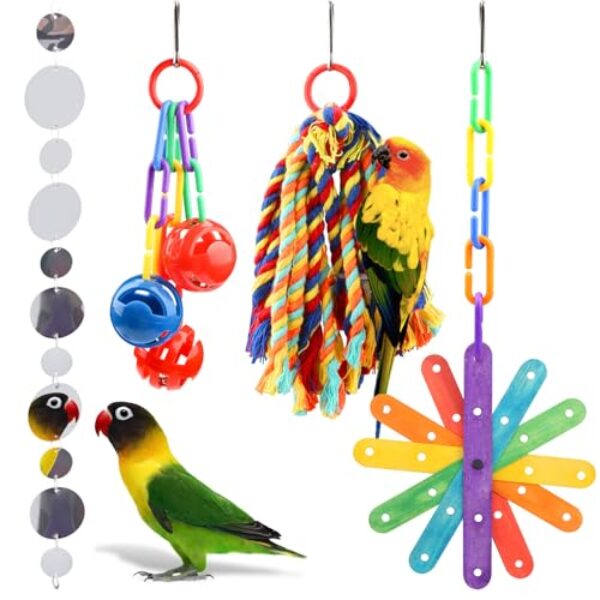 QUOZUO 4 Stück Vogelspielzeug, buntes Vogelkauen Wellensittich-Spielzeug, papageienspielzeug, Vogel Käfig-Hängespielzeug für Sittiche, Liebesvögel, Finken und andere kleine Haustiere