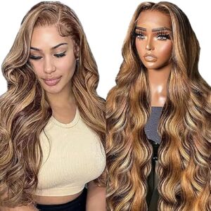 AiPliantfis Human Hair Wig Body Wave Brown Echthaar Perücke Damen 13X6 Lace Front Glueless Wig Wear and Go P427 Highlight Blonde Real Hair Pre Plucked 150% Density Unprocessed Remy Human Hair 28 Zoll