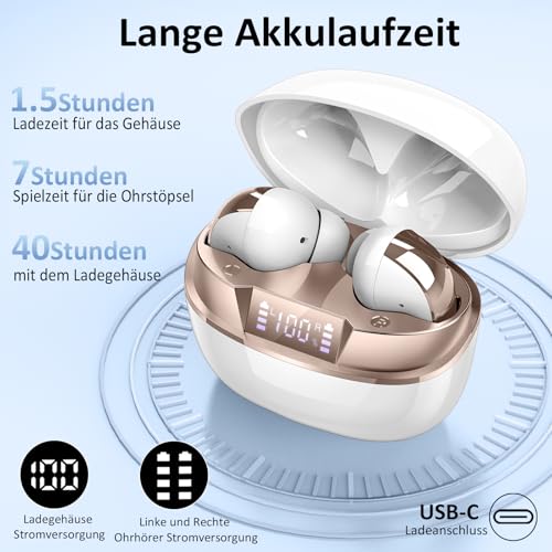 Bluetooth Kopfhörer, Kopfhörer Kabellos Bluetooth 5.4 HiFi Stereo mit ENC Mikrofon, 47Std Spielzeit Ohrhörer mit IP7 Wasserdicht, Mini In Ear Kopfhörer mit LED Anzeige für iOS/Android, Weißgold – Bild 6