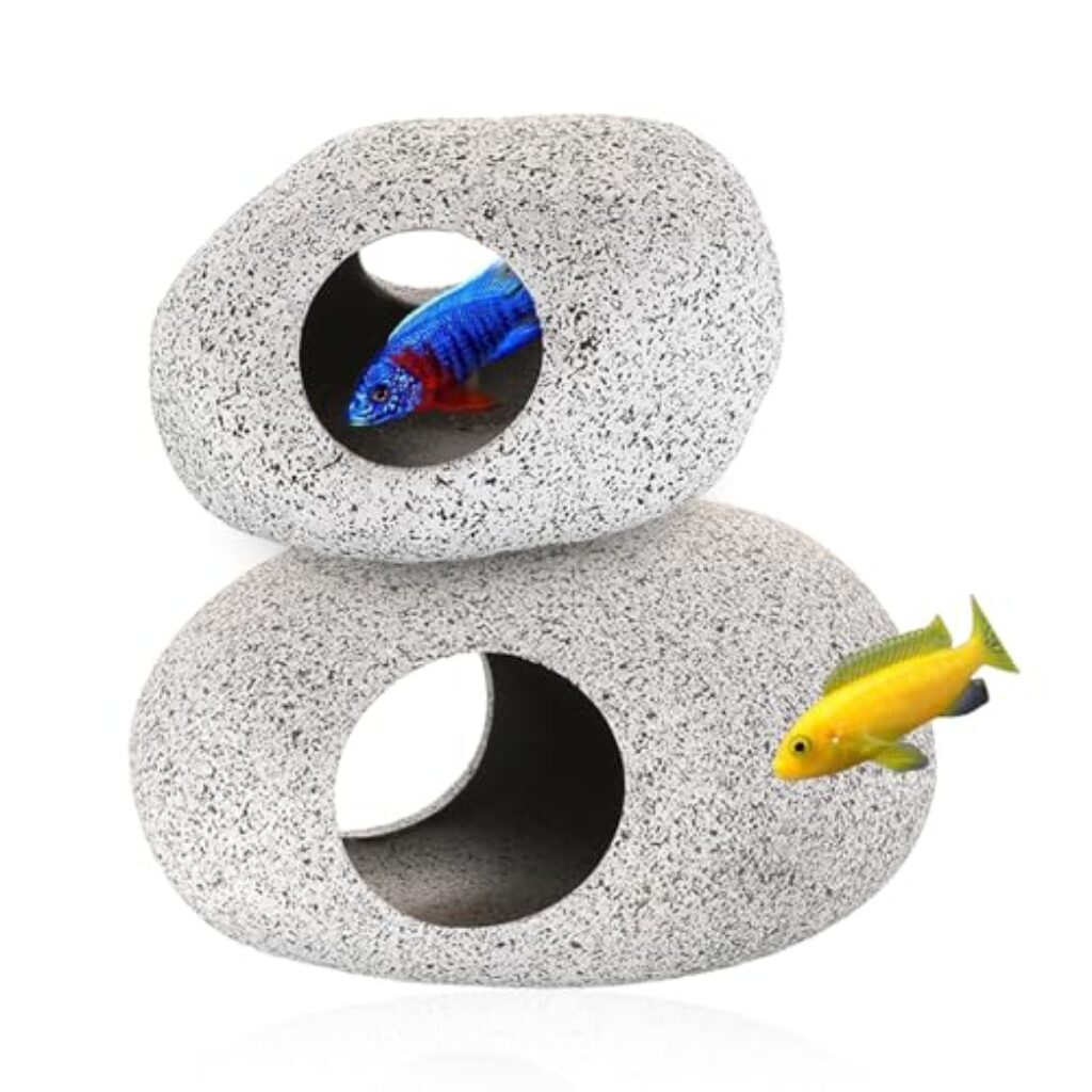 QKNOSM 2 Stück Aquarium Versteck, Felsenhöhle für Wassertiere Fisch Höhle zum Spielen Ausruhen und Laich Sichere und Ungiftige Keramik Ornamente Aquarium Dekostein für Betta Garnelen