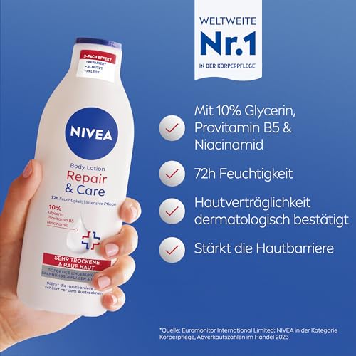 NIVEA Body Lotion Repair & Care, Körpercreme für sehr trockene Haut & zur Linderung von Spannungsgefühlen, Körperlotion mit Glycerin, Niacinamid & Provitamin B5 (400 ml) – Bild 3