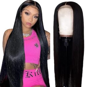 Weeybay Echthaar Perücke Straight Human Hair Wig 4X1 Lace Closure PerüCken Damen with Baby Hair Glueless Wear and Go Bleached Knot Natural Black Color for Woman 12 Zoll