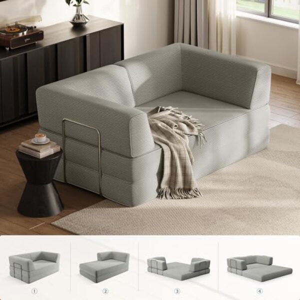 LINSY HOME Schlafsofa – Bodensofa Bed mit Pillow Back Support Armrest – Schlafsofa Klappbar 160 cm Breit- Compressed Sofa in Box – Cord Stoff für Wohnzimmer Schlafzimmer