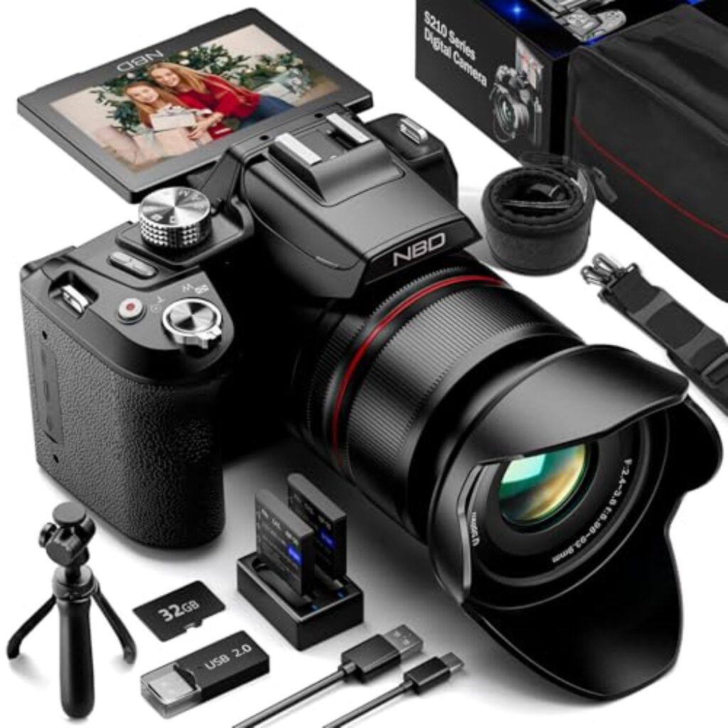 NBD 8K Digitalkamera 64MP mit 16X Optischem Zoom & Autofokus, 3″ 180° Drehdisplay, WiFi – inkl. 64GB Karte + Wartungskit(Schwarz)
