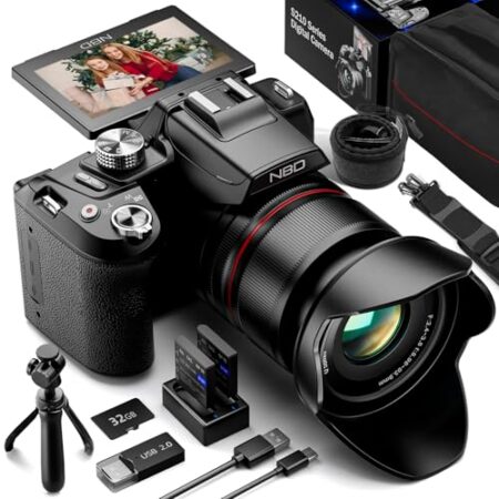 NBD 8K Digitalkamera 64MP mit 16X Optischem Zoom & Autofokus, 3″ 180° Drehdisplay, WiFi – inkl. 64GB Karte + Wartungskit(Schwarz)