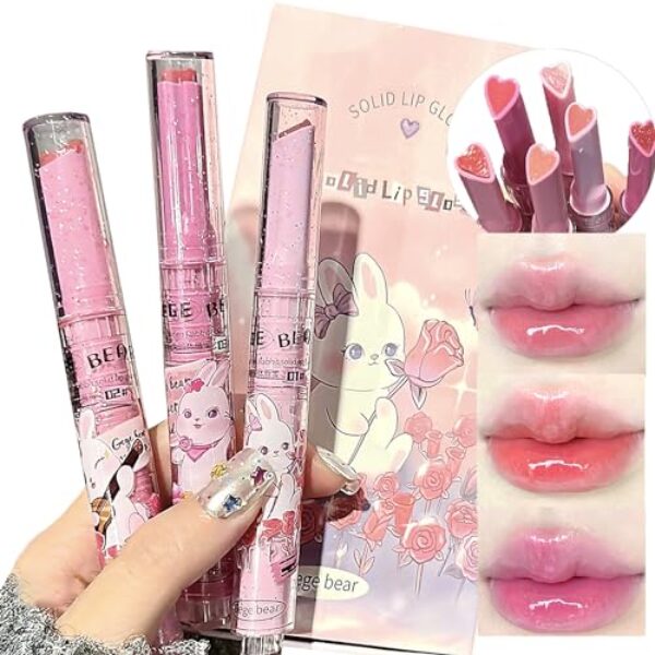 3 Colors Jelly Lipstick Gift Set, Cute Rabbit Tinted Heart Shape Lip Stain Lip Gloss, Mirror Hydrating Jelly Love Lipstick, Moisturizing Tinted Lip Balm, Vivid Color Glossy Lip Makeup for Girls (A)