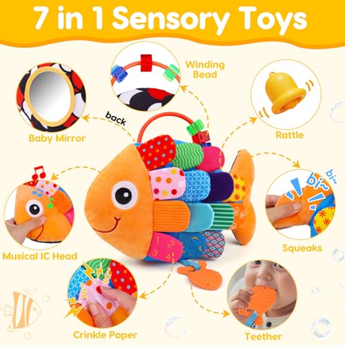 2 in 1 Baby Spielzeug 0-3 3-6 Monate Musical Fisch Kuscheltier & Kontrast Spielzeug mit Greifling Rassel Spiegel Spielzeug, Baby Sensorik Spielzeug 0 3 6 Monate, Neugeborenes Junge Mädchen Geschenk – Bild 3