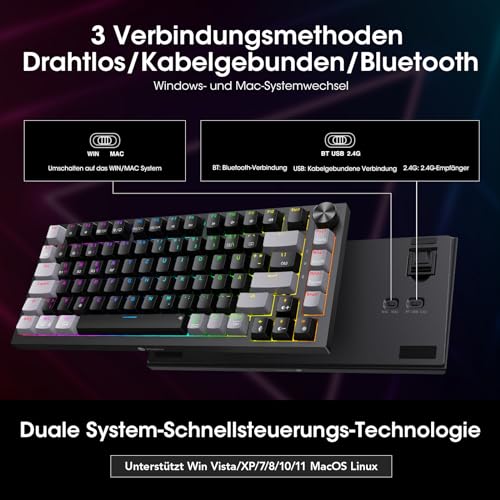 KOORUI Mechanisch Tastatur, Gaming Tastatur Kabellos/Kabelgebunden/Bluetooth 26 RGB Wiederaufladbare 4000mAh Batterie 82 Tasten Deutsches Layout QWERTZ für Windows MacOS Linux-Rotem Schalter – Bild 5