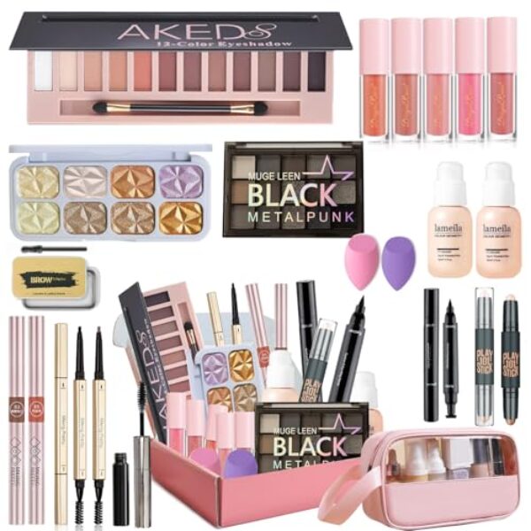 Schmink Set für Frauen, Ruicen All in One Make Up Set, Schminkset Frauen mit 27 Color Lidschattenpalette, Mascara, Eyeliner, Lippenstift, Make Up Set für unterwegs Mit Aufbewahrungstasche
