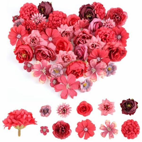 40 Stück Kunstblumen Blumenköpfe, Kunstblumen Zum Basteln mit 10 Stile, Künstliche Blumen Deko Klein Seidenblumen, Fake Flowers Blumen für Hochzeit Home DIY Crafts Scrapbooking, Rot Burgunderrot
