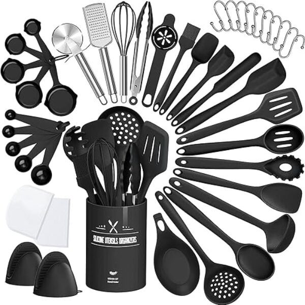 Küchenhelfer Set, 43-teiliges Silikon Kochutensilien Kochbesteck Set, Hitzebeständiger Kochgeschirr mit Utensilienhalter, Antihaft Kochset Küchenutensilien, Spülmaschinenfest – Schwar