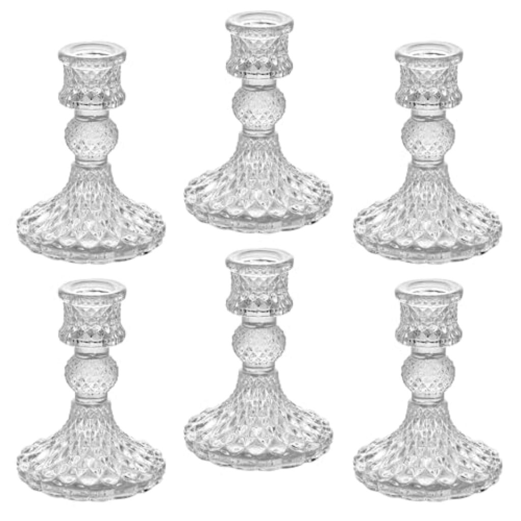 Kerzenhalter aus Transparentem Glas, Klare Kerzenhalters für Kerzenständer, 10cm Hohe Kristall-Kerzenhalter, Dekorativer Candle Holder als Tischdekoration für Hochzeiten, Feste, Dinnerpartys – 6 Stück