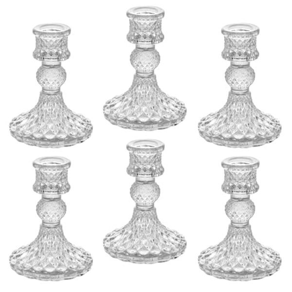 Kerzenhalter aus Transparentem Glas, Klare Kerzenhalters für Kerzenständer, 10cm Hohe Kristall-Kerzenhalter, Dekorativer Candle Holder als Tischdekoration für Hochzeiten, Feste, Dinnerpartys – 6 Stück