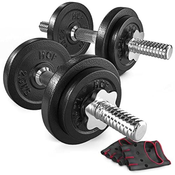 Hop-Sport Gusseisen Hantelscheiben Set 10kg bis 60kg mit 31 mm Lochdurchmesser, Neopren Handschuhen, Ideal für Standard 30mm Langhantelstangen, Robuste Gewichtsscheiben für Fitness- und Krafttraining