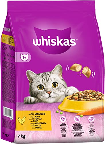 WHISKAS Adult 1+ Katzenfutter trocken - ab 1 Jahr - 7kg, Großpackung - mit Huhn - Trockenfutter für Katzen - 1 Beutel