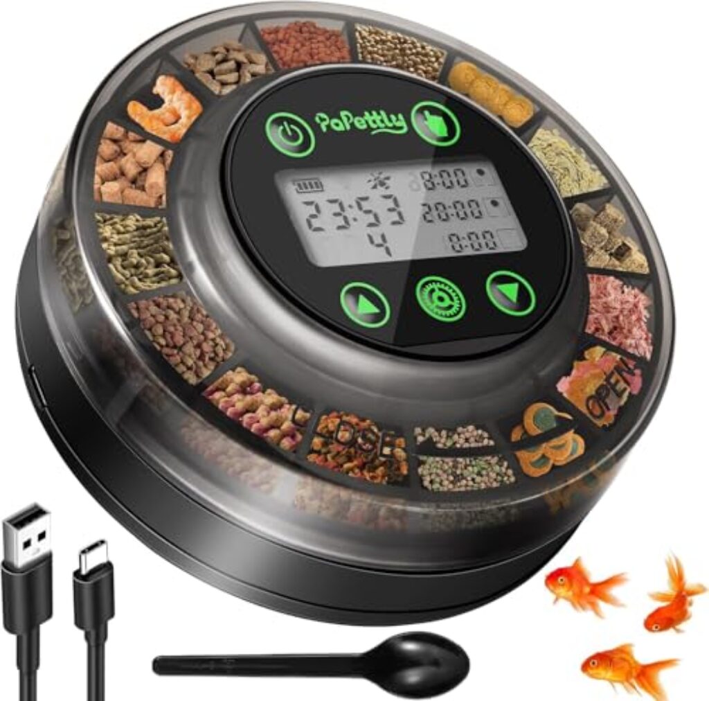 Papettly Futterautomat Aquarium, Automatischer Fischfutterautomat für Aquarium mit Timer, Futterautomat, Wiederaufladbare Fische Fischfutterspender mit USB-Kabel LCD-Anzeige Fisch Futterautomaten