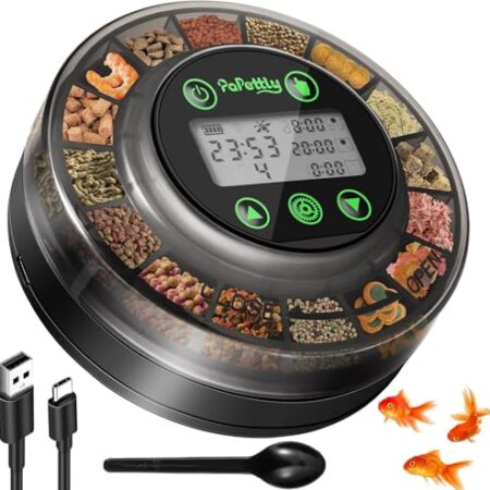 Papettly Futterautomat Aquarium, Automatischer Fischfutterautomat für Aquarium mit Timer, Futterautomat, Wiederaufladbare Fische Fischfutterspender mit USB-Kabel LCD-Anzeige Fisch Futterautomaten