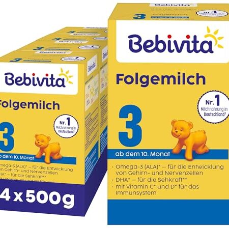 Bebivita 3 Folgemilch (4 x 500g), ab dem 10. Monat, mit Vitamin C und D, Omega-3 (DHA,ALA), altersgerecht sättigend