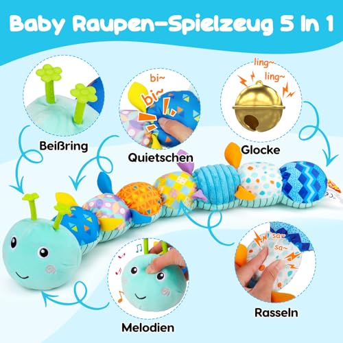 Baby Spielzeug 0 3 6 Monate Raupe Musikspielzeug, Montessori Sensorik SpielzeugBaby Geschenk Jungen mit Lineal Greifling Rassel, Babyspielzeug Neugeborenen Geschenk, Tummy Time Baby Toys – Bild 3