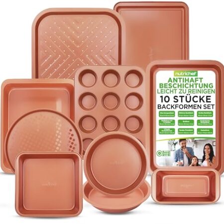 Nutrichef 10-teiliges Backform Set Antihaftbeschichtet, Springform Set Hitzebeständig, Spülmaschinengeeignet & Stapelbar, inkl. Muffinblech, Pizzablech, Springform & Co, Backset für den Backofen