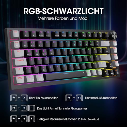 KOORUI Mechanisch Tastatur, Gaming Tastatur Kabellos/Kabelgebunden/Bluetooth 26 RGB Wiederaufladbare 4000mAh Batterie 82 Tasten Deutsches Layout QWERTZ für Windows MacOS Linux-Rotem Schalter – Bild 3
