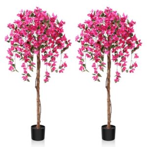 Fopamtri Kunstpflanze Kunstbaum mit Blüten 150 cm Künstliche Pflanzen im Topf Groß Rosa Fake Pflanzen für Indoor Outdoor Schlafzimmer Büro Garten Dekoration (2 Stück)