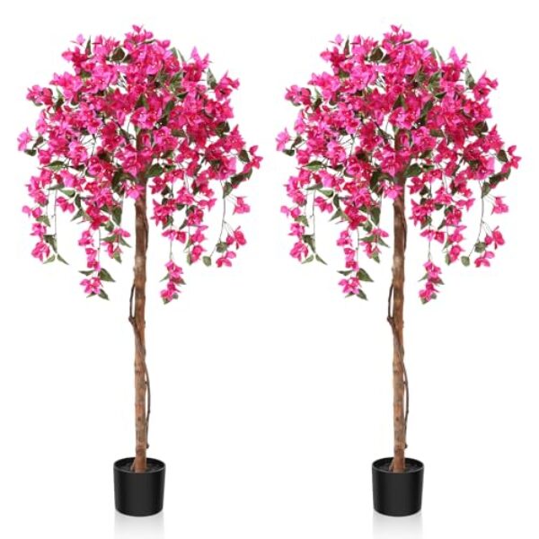 Fopamtri Kunstpflanze Kunstbaum mit Blüten 150 cm Künstliche Pflanzen im Topf Groß Rosa Fake Pflanzen für Indoor Outdoor Schlafzimmer Büro Garten Dekoration (2 Stück)