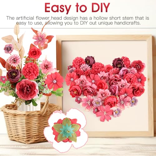 40 Stück Kunstblumen Blumenköpfe, Kunstblumen Zum Basteln mit 10 Stile, Künstliche Blumen Deko Klein Seidenblumen, Fake Flowers Blumen für Hochzeit Home DIY Crafts Scrapbooking, Rot Burgunderrot – Bild 6