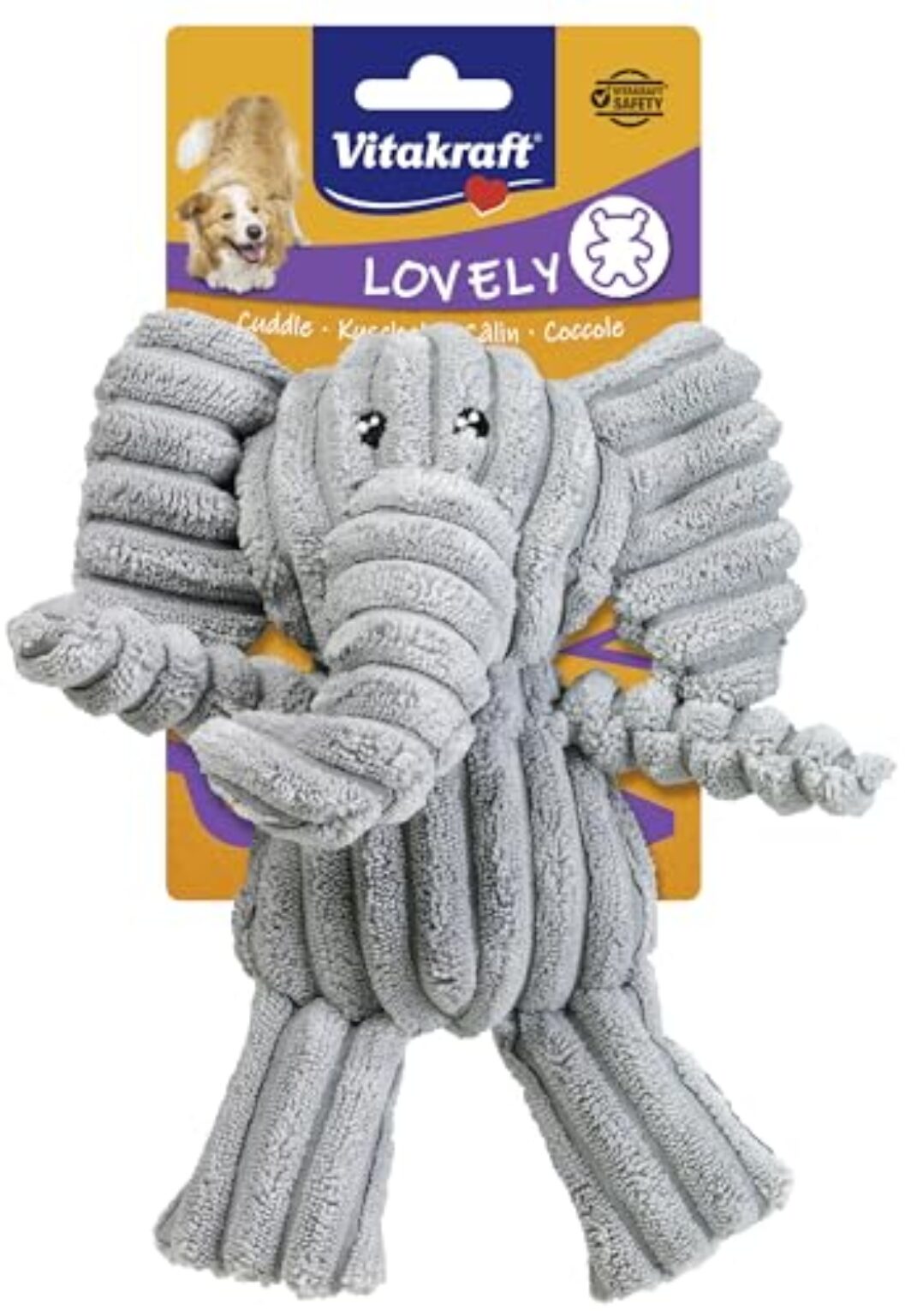 Vitakraft Safari Elefant, Spielzeug für Hunde, Hundespielzeug Kuscheltier, mit Quietscher, aus Cord (1 Stück)