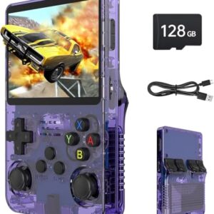 R36S Retro Handheld Spielkonsole, Retro Konsole 3,5-Zoll-IPS-Bildschirm, 128 G über 40.000 Spiele, tragbare Spielkonsole für Kinder und Erwachsene, unterstützt mehrere Emulatoren (Violett)