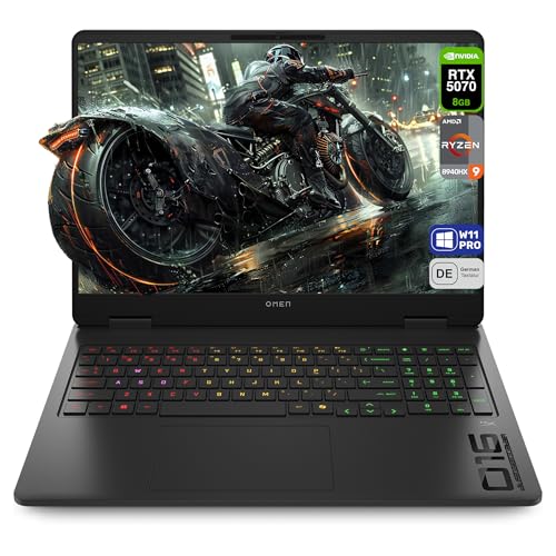 HP Omen 16 Gaming Laptop, AMD Ryzen 9 8940HX, 32 GB DDR5 RAM, 2 TB PCIe SSD, 16" FHD (1920x1200) IPS 144Hz Display, Nvidia Geforce RTX 5070, Deutsches Tastatur, Windows 11 Pro, Shadow Black