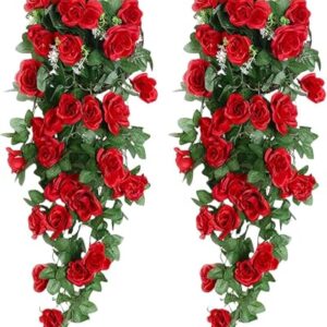 JOZMMZEOOA 2 Stücke Rose Kunstpflanze Hängend 90 cm Rose Blumengirlande Hängepflanzen Artificial Flowers Rosengirlande Künstliche Blume Wand Hochzeit,für Zuhause Garten Party Hochzeit (Rot)