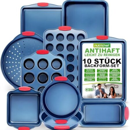 Nutrichef Backformen Set Antihaft, 10-teilig aus Karbonstahl mit Silikongriffen – PFOA- & PTFE-frei, Inkl. Muffinform, Pizzablech, Runde & Quadratische Backbleche, Ideal für Kekse & Kuchen