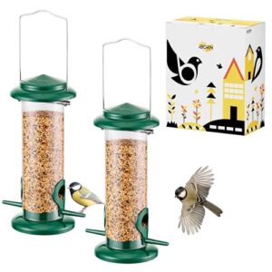 iBorn Hanging Wild Bird Feeder Seed Feeder for Garden Outdoors 8” with Two Feeding Ports All Metal Painted Rust-Resistant, Green 2 Packs