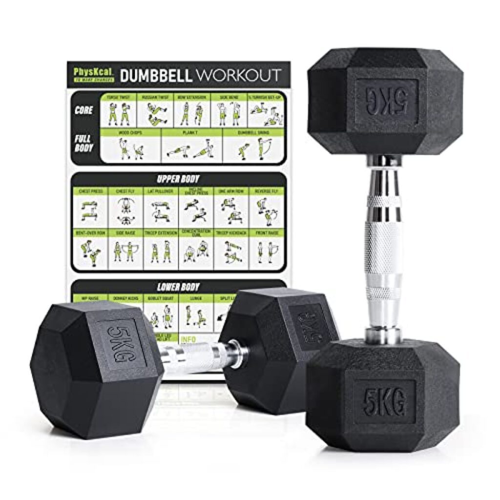 PhysKcal Hexagon Hanteln Poly-Gummierte | 2,5-30 kg | Rutschsicher Ummantelt | Ergonomische Verchromte Griffe | Kurzhantel-Set | Dumbbells Set