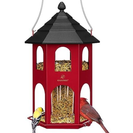 Kingsyard Metall Vogelfutterhaus zum Aufhängen, Vogelfutterspender für Wildvögel, leicht zu reinigen und nachzufüllen, Vogelhaus für Garten & Balkon, Rot