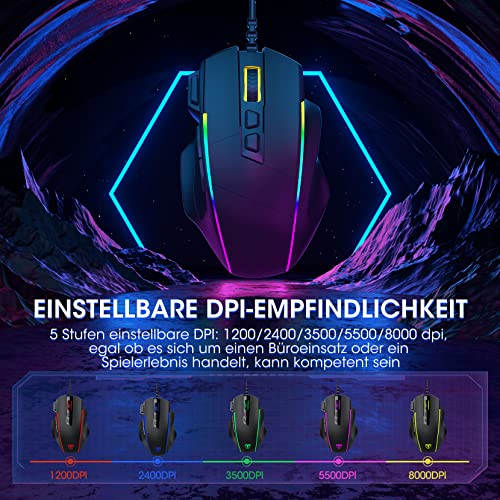 Dacoity Gaming Maus, Gaming Mouse mit 8 Programmierbare Tasten und Einstellbar 8000 DPI, RGB Beleuchtung PC Maus mit Kabel,USB-Wired Mouse mit Feuertaste ergonomisches für MMO,FPS,MOBA,Windows,PC,Mac – Bild 3