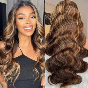 Glueless Wigs Human Hair Wear and Go 4×4 HD Lace Front Glueless Wig Human Hair 180 Density Pre Plucked Pre Cut Body Wave Lace Front Wigs for Women Blond Ombre Color P4/27 (16 inches)
