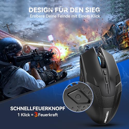 TECKNET Kabellose Gaming Maus, 2,4 GHz Wireless Mouse Gaming mit Schnellfeuertaste, 8 Tasten, 4800 DPI, 20 Millionen Klicks, Ergonomische Optische Maus für PC/Mac/Laptop – Bild 3
