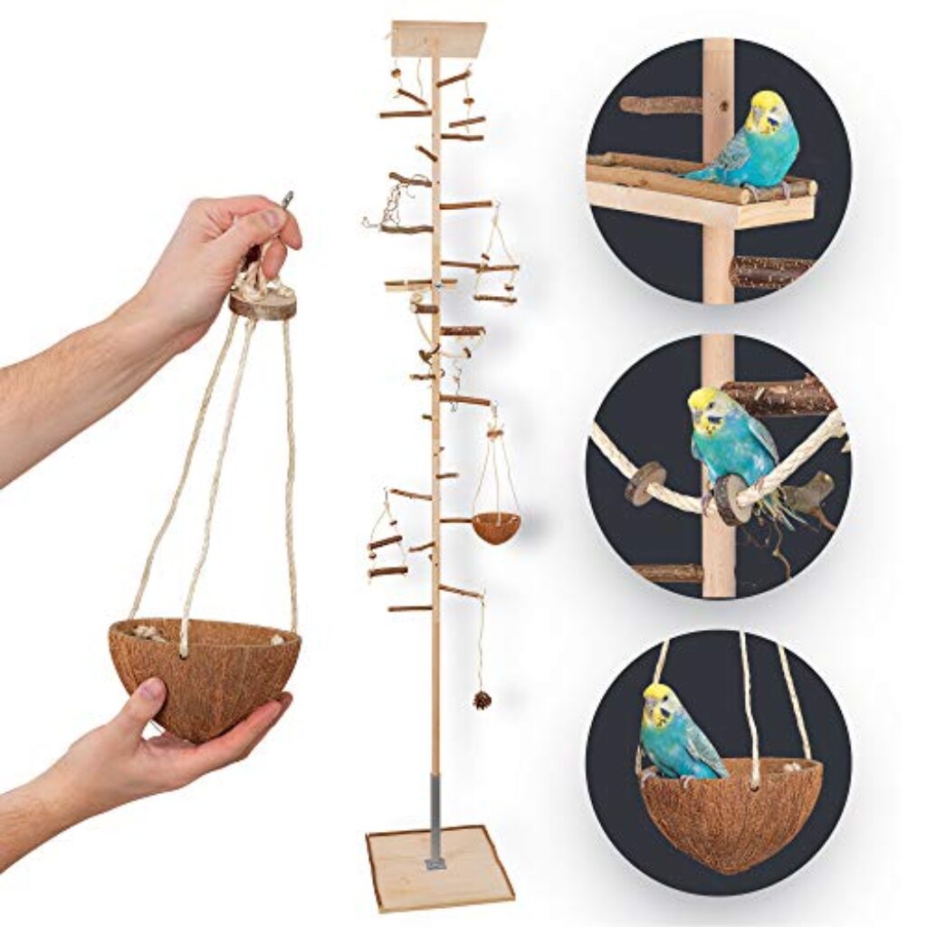 Vogelgaleria® Zimmerhoher Vogel-Kletterbaum 190-192 cm HiFly Medio mit Naturholz-Sitzstangen Vogelspielzeug Vogelschaukel Vogelspielplatz Freiflug Landeplatz für Wellensittich Nymphensittich