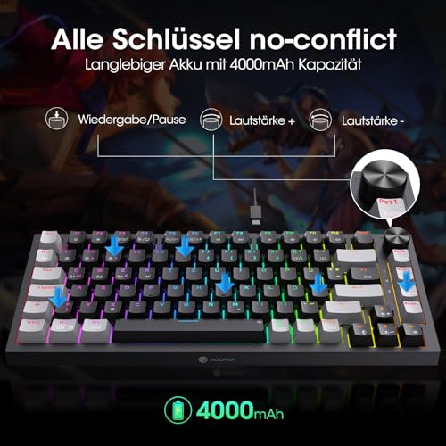 KOORUI Mechanisch Tastatur, Gaming Tastatur Kabellos/Kabelgebunden/Bluetooth 26 RGB Wiederaufladbare 4000mAh Batterie 82 Tasten Deutsches Layout QWERTZ für Windows MacOS Linux-Rotem Schalter – Bild 4
