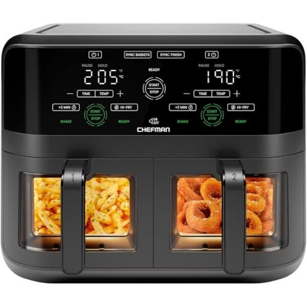 CHEFMAN 5,6 Liter Doppelkorb- Heißluftfritteuse mit Easy-View-Fenster, Sync-Finish, Hi-Fry, automatische Abschaltung, spülmaschinenfest, 2100W, digital – Schwarz