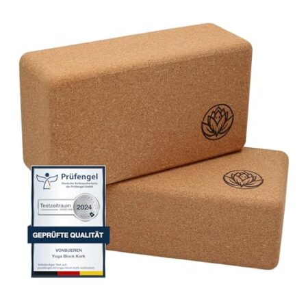 Yoga Block VonBueren | Yogablöcke aus Kork | 22 x 12 x 7,5 cm je Yogablock | Yogazubehör für Damen und Herren | Hatha Klotz | Yogaklötze
