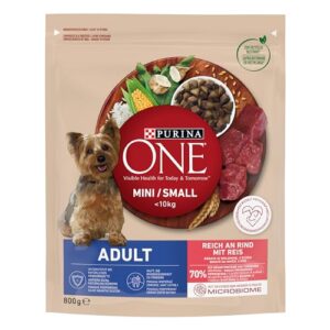 PURINA ONE Mini/Small Adult Hundefutter trocken für kleine Hunde, reich an Rind & Reis, 8er Pack (8 x 800g)