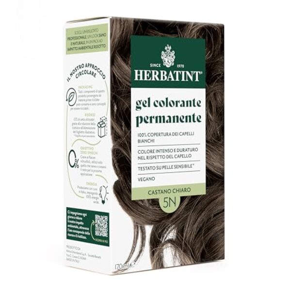 Herbatint Permanente Haarfarbe Gel 5N Hellbraun – 170 ml | Ammoniakfrei, 100% Abdeckung für weißes Haar | für empfindliche Haut, mit 8 natürlichen Bio-Extrakten