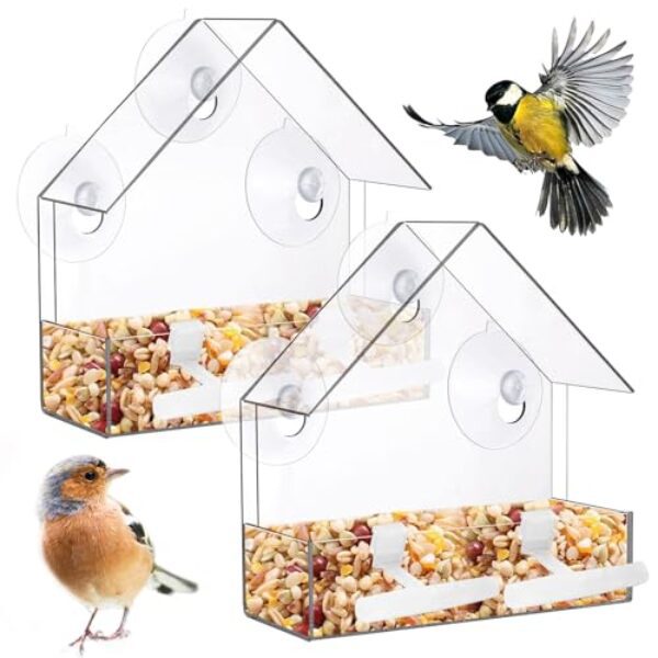 Zeqeey Transparenter Fenster Vogelhäuschen Vogelfutterspender Vogelfutterstation Vogelhaus aus klarem Acryl mit Saugnäpfen und Standstange zum Füttern von Wilden kleinen Finken Rotkehlchen Meisen