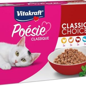 Vitakraft Poésie Classique, Nassfutter Katze, Katzennassfutter in Sauce, mit Huhn, mit Truthahn, mit Rind, mit Lachs, ohne Zusatz von Zucker und Getreide (1 Paket mit 12x 85g)