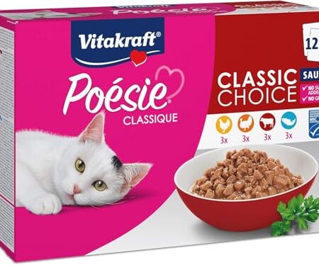 Vitakraft Poésie Classique, Nassfutter Katze, Katzennassfutter in Sauce, mit Huhn, mit Truthahn, mit Rind, mit Lachs, ohne Zusatz von Zucker und Getreide (1 Paket mit 12x 85g)