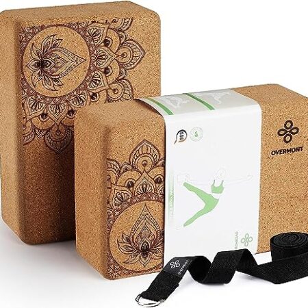 Overmont Yogablöcke Kork 2er Set Yogaklotz – Yoga Block mit Yoga Gurt – Korkblock für Fitness Pilates Stretching und Meditation